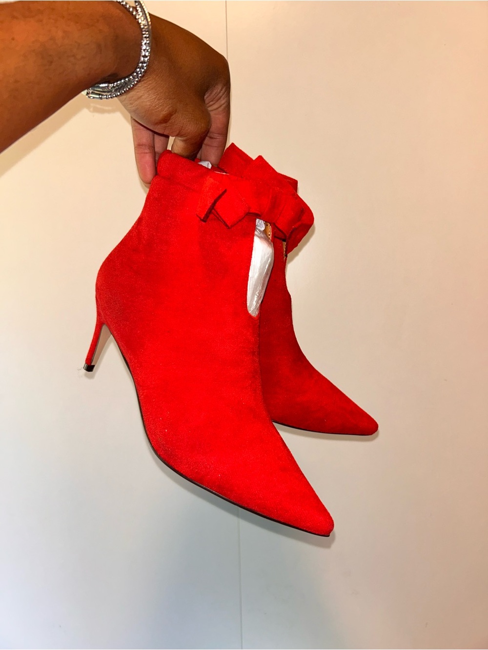 Red Suede Pointed-Toe Ankle Boots with Bow Accent